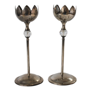 Pair of Vintage Silver-Plated Lotus Flower Candlestick Holders