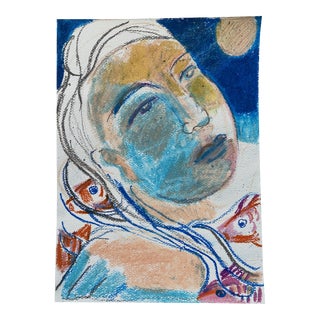 Swimming With Goldfish and Moonlight Woman's Face Original Art #35 Unframed For Sale