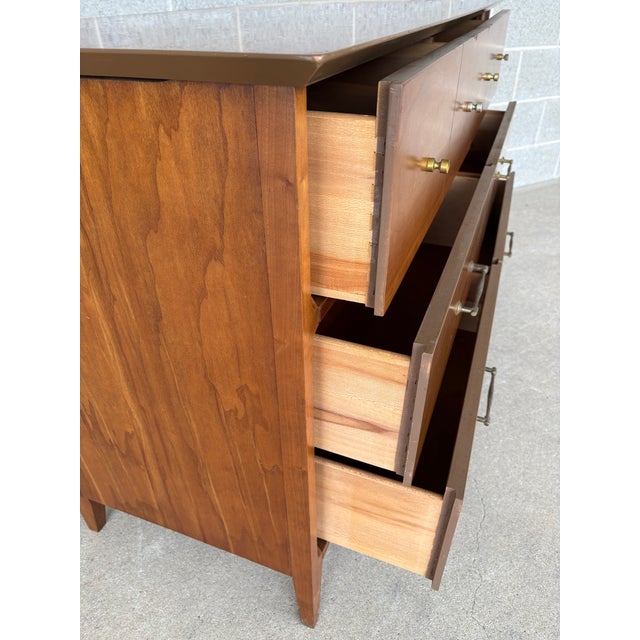 The Basic Witz Company Cherry Mid Century Double 54" Dresser & Mirror For Sale In Philadelphia - Image 6 of 11