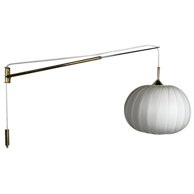 Mid-Century Modern Extendable Brass Wall Mount with Cocoon and Sisal Shade by Lars Schioler, 1960s For Sale