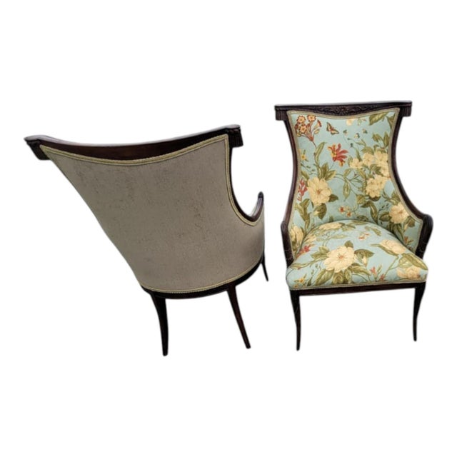 Textile 1930s Pair Italian Fireside Chairs Floral Upholstery Carved Wood Accent Chairs For Sale - Image 7 of 17