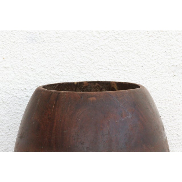 Antique Patinated Espresso Brown Barrel Pot For Sale In Los Angeles - Image 6 of 7