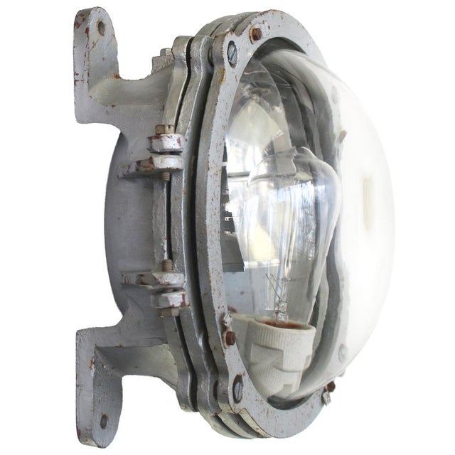 Metal Vintage French Industrial Grey Cast Iron and Clear Glass Wall Light For Sale - Image 7 of 7