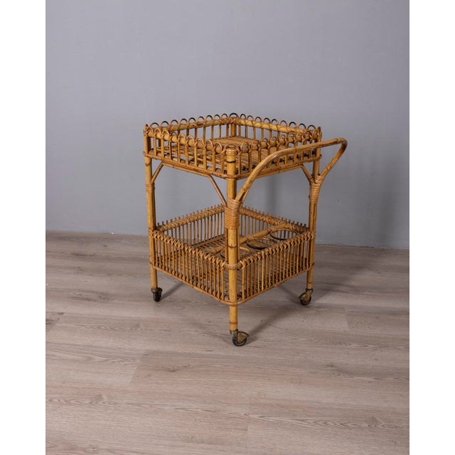 Two-tier bar trolley with bamboo and wicker structure, Italian design, 1960s.