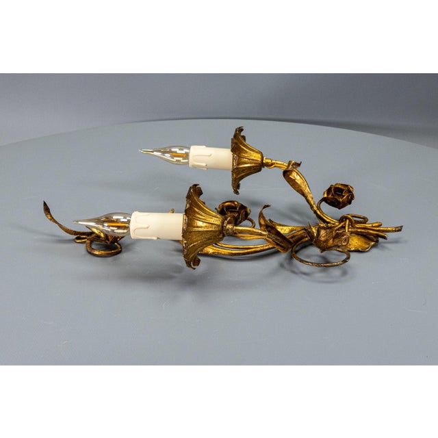 Hollywood Regency Gilt Metal Botanical Two-Light Wall Sconce, 1950s For Sale - Image 13 of 18