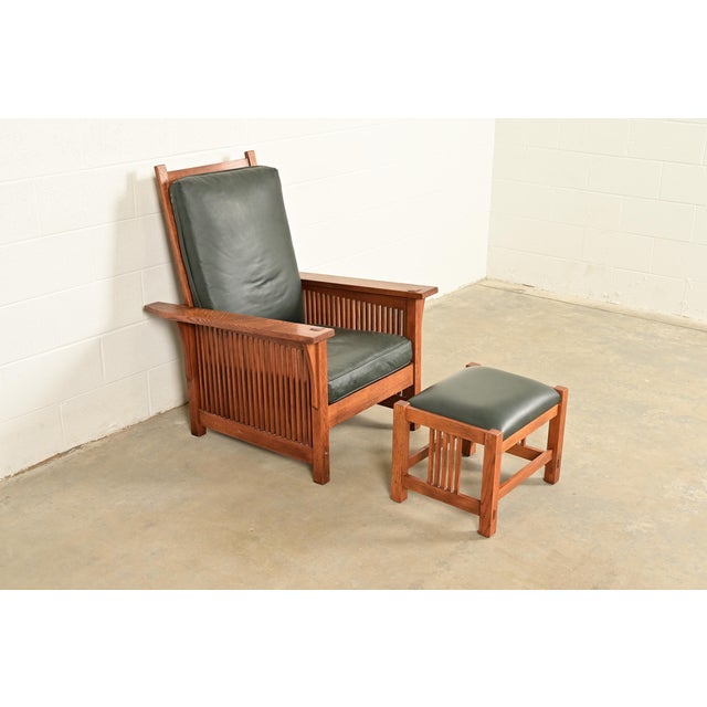 Mission Stickley Mission Oak Arts & Crafts Reclining Morris Lounge Chair With Ottoman For Sale - Image 3 of 17
