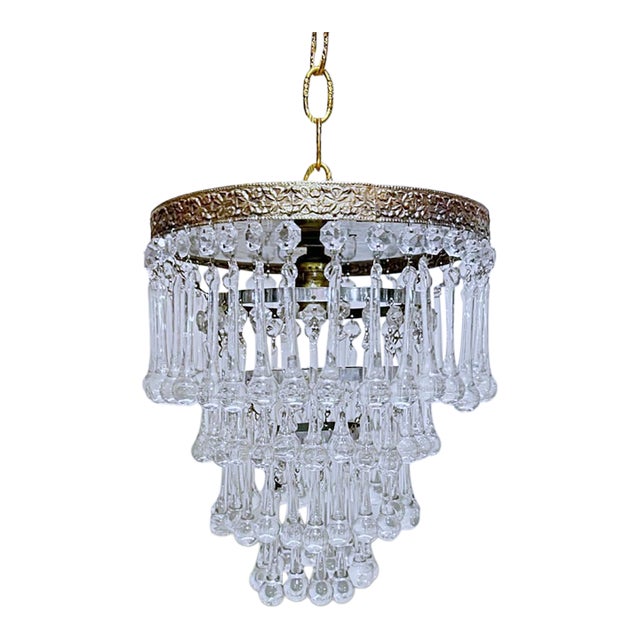 Vintage Hollywood Regency Floral Embossed Brass Tiered Waterfall Teardrop Chandelier For Sale