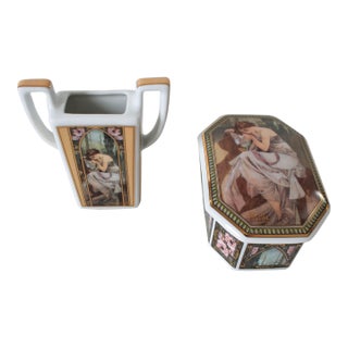 Vintage Goebel Artis Orbis Mucha 'Night's Rest' Miniature Vase & Trinket Box German Goebel Collection For Sale