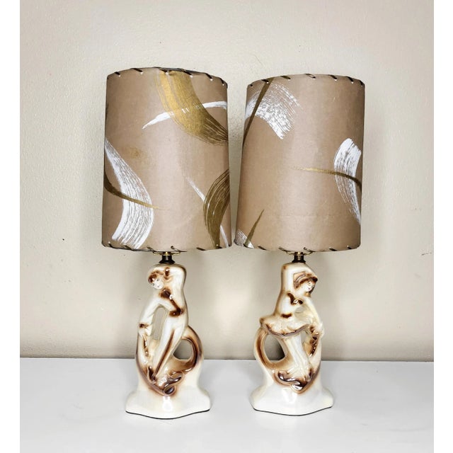 Brown Mid Century Porcelain Dancing Couple With Original Shades - a Pair For Sale - Image 8 of 8