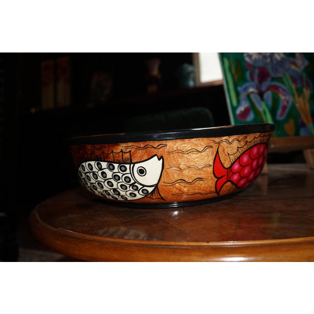 Colorful Hand-Painted Wooden Fish Bowl – Folk Art Decorative Centerpiece For Sale - Image 4 of 9
