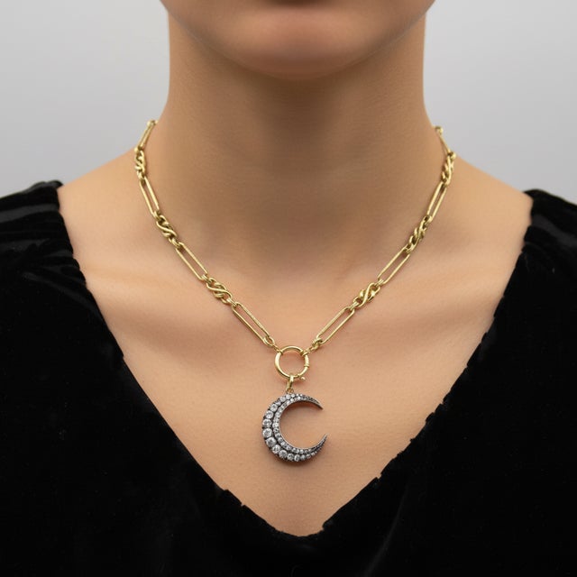 Mid 19th Century Early Victorian Silver Front 14k Gold Back Old Mine Cut Diamond Crescent Moon Pendant For Sale - Image 11 of 11