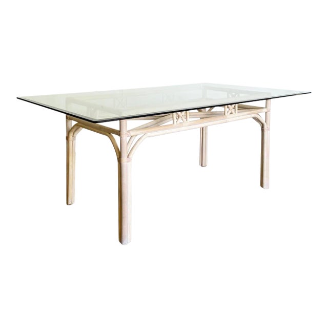 Boho Chic Bamboo Rattan Rectangular Dining Table, Base Only For Sale