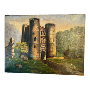 Early 20th Century French Castle Art Oil on Canvas