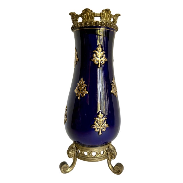Mid-20th Century European Cobalt Blue Ceramic Vase With Gilt Decoration and Brass Base For Sale