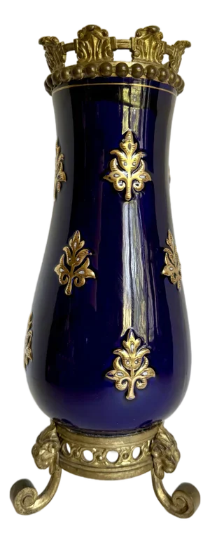 Mid-20th Century European Cobalt Blue Ceramic Vase With Gilt Decoration and Brass Base