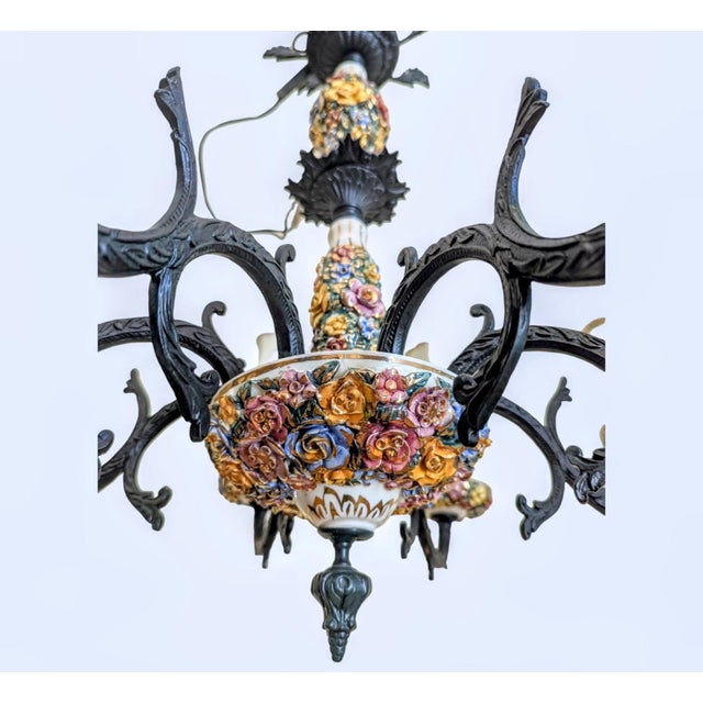 1960s 1960s Italian Capodimonte, Faience-Style Porcelain and Wrought Iron Chandelier For Sale - Image 5 of 11