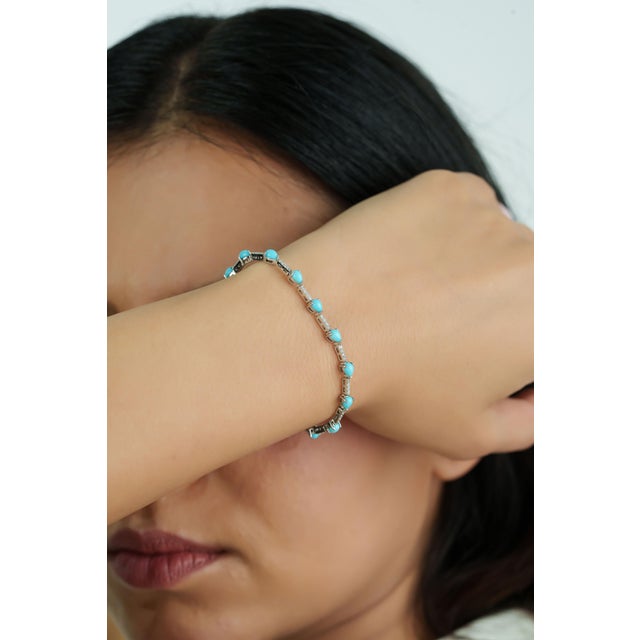 Turquoise 2.34ct Natural Turquoise & Diamond Station Tennis Bracelet in 14k White Gold For Sale - Image 8 of 15