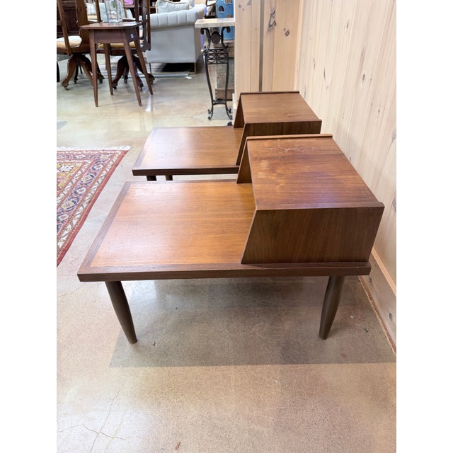 Mid-Century Modern Pair of Vintage Mid-Century Modern Walnut Step Side Tables With Magazine Shelves For Sale - Image 3 of 7