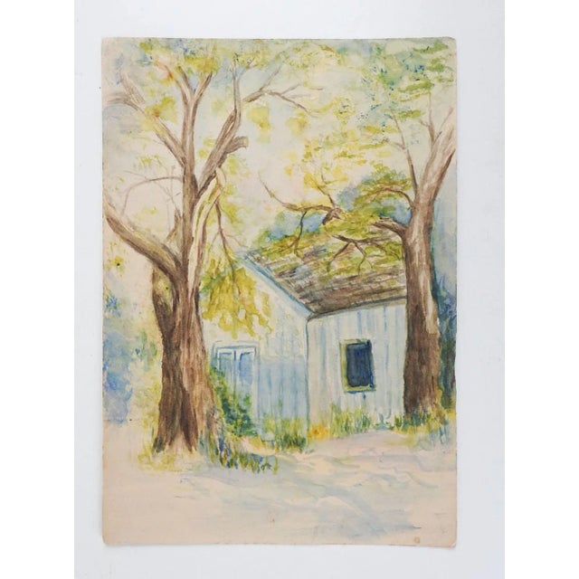 Antique circa 1910 watercolor on paper landscape with farmhouse or cabin. Unsigned. Unframed, age toning.