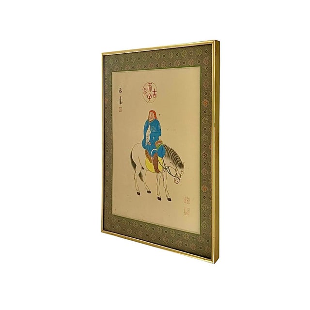 Chinese Vintage Framed Chinese Horseman and Falcon Painting on Silk Matting Wall Art For Sale - Image 3 of 7