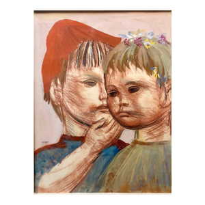 Josef PresserPolish Expressionist Profile Portrait Drawing TWO CHILDREN