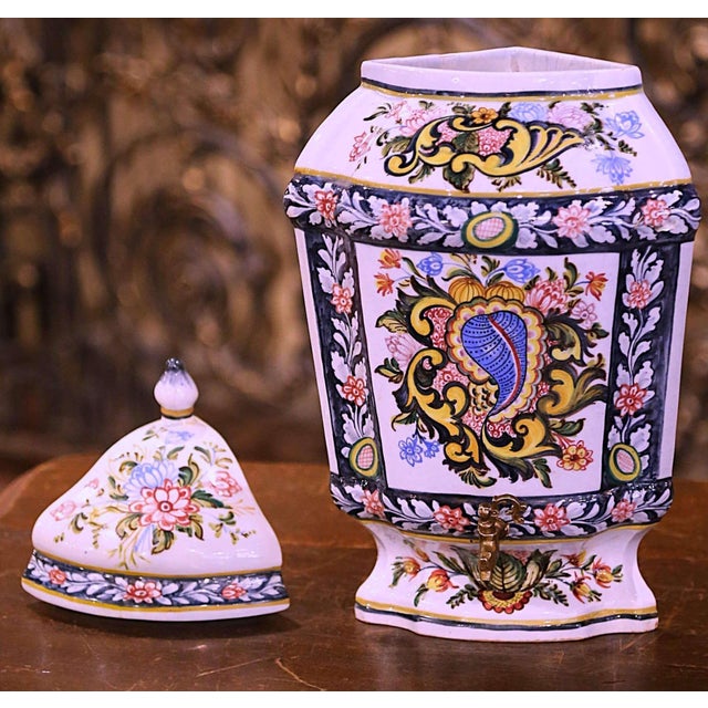 French Mid-Century French Hand Painted Corner Desvres Wall Faience Lavabo Fountain For Sale - Image 3 of 16