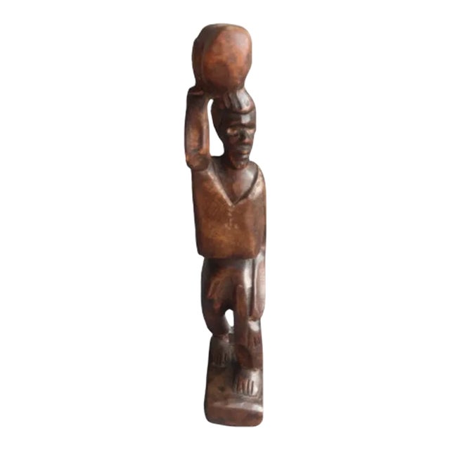 Hand Carved African Tribal Wooden Man With Drum on Head For Sale