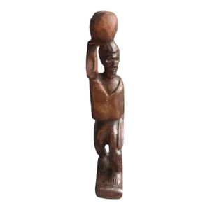 Hand Carved African Tribal Wooden Man With Drum on Head