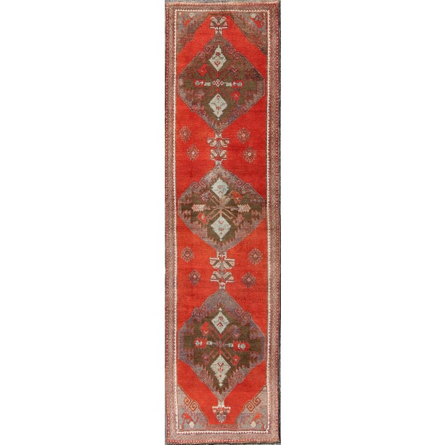 Red Vintage Turkish Oushak Runner in Burnt Orange, Moss Green, and Pale Blue 3' X 11'10 For Sale - Image 8 of 8