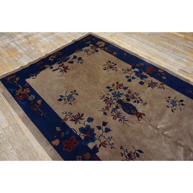 1920s Tan Sand Floral Vase Antique Chinese Art Deco Carpet 5' X 7'10" Woven Rug For Sale - Image 4 of 8