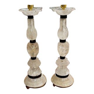 Pair of French Rock Crystal and Black Steel Lamps For Sale