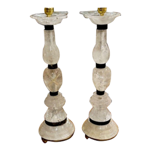 Pair of French Rock Crystal and Black Steel Lamps