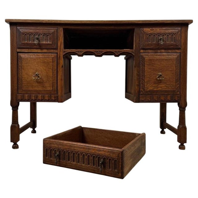 Early 20th Century Antique English Edwardian Carved Oak Desk, 1910 For Sale - Image 5 of 12
