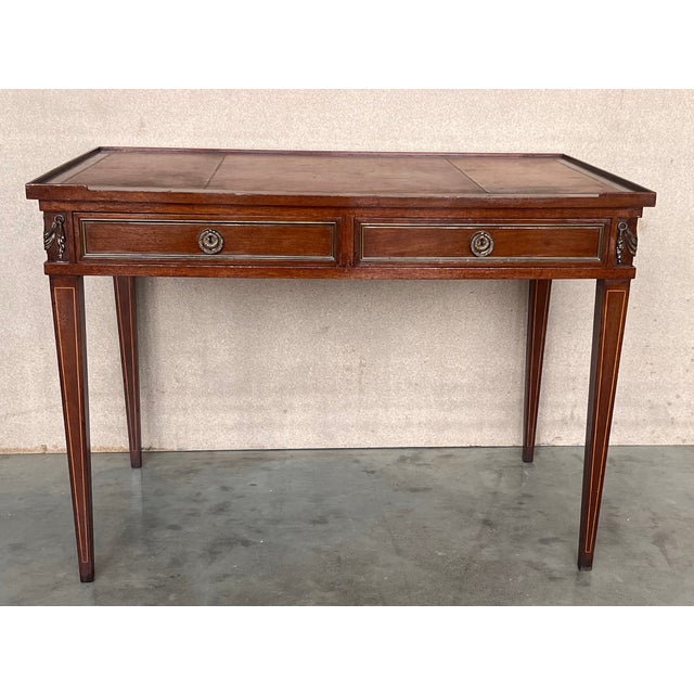 Traditional French Empire Style Mahogany Bronze Mounted Writing Desk, Leather Top Circa 1940 For Sale - Image 3 of 12