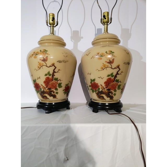 Beige Rewired 1960s Pair of Asian Table Lamps With Floral and Bird Motif For Sale - Image 8 of 11