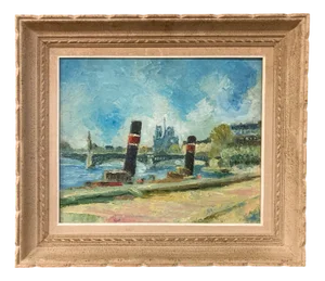 French School Artist, Parisian Barge at the Quayside, 1890s-1910s, Oil on Canvas, Framed
