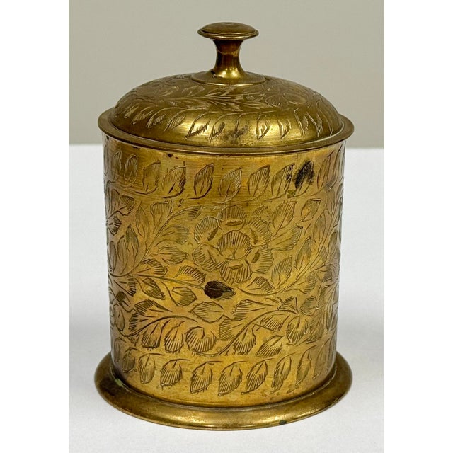 Vintage Brass Indian Etched Floral Lidded Jar For Sale - Image 4 of 7