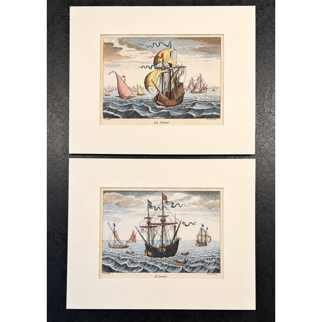 1970s 1970s Set of 2 Nautical Ship Engravings – La Flotte & a l'Ancre by f.h. Bruegel | Hand-Colored Maritime Prints 16x20 For Sale - Image 5 of 6