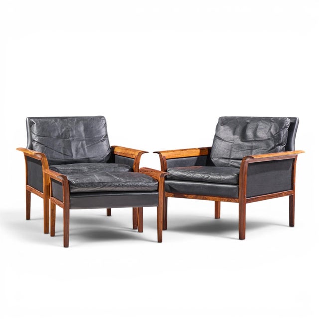 Mid-Century Modern Knut Saeter for Vatne Møbler Mid Century Norwegian Rosewood and Leather Lounge Chairs - Pair With Ottoman For Sale - Image 3 of 12