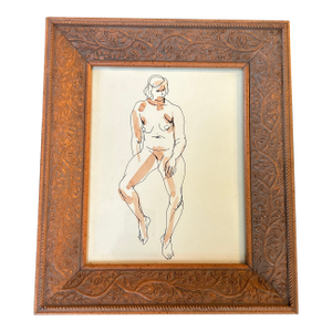 1970’s Original Female Nude Pen & Ink Drawing Lifted by Watercolor