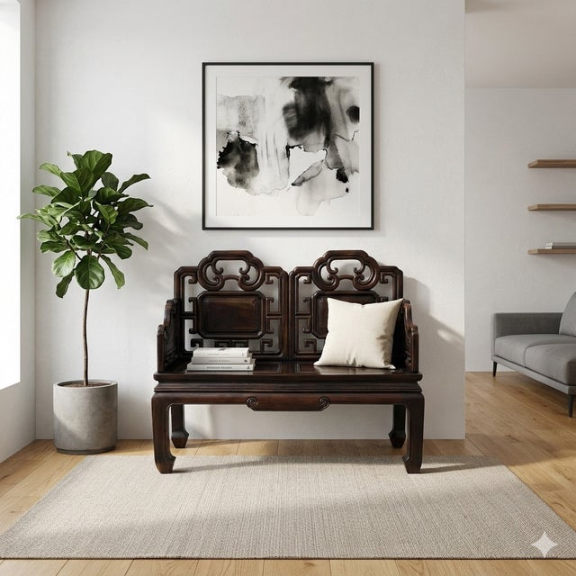 Vintage Chinese Fujian Double Seat Wood Opera Bench With Back For Sale - Image 9 of 10