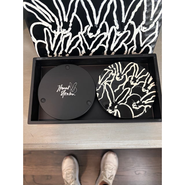 Contemporary Hunt Slonem Black/White Bunny Coaster Set (6) With Storage Box For Sale - Image 3 of 6