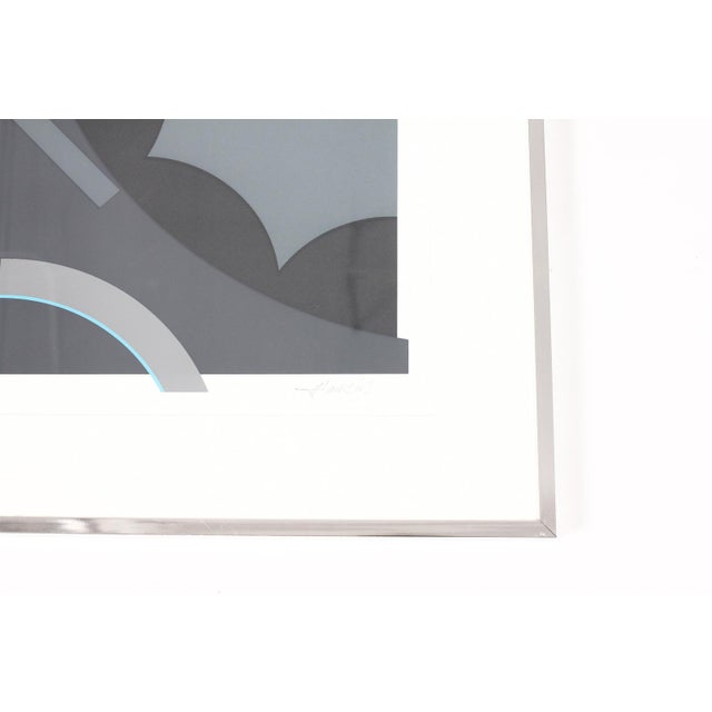 Vintage Mid Century Abstract Geometric Serigraph Print — Grayscale With Blue Accent For Sale - Image 4 of 4