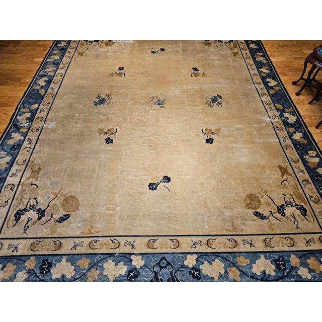 Textile 19th Century Antique Chinese Peking Rug, Handwoven Open Pattern, Tan & Blue, 12' X 14' For Sale - Image 7 of 17