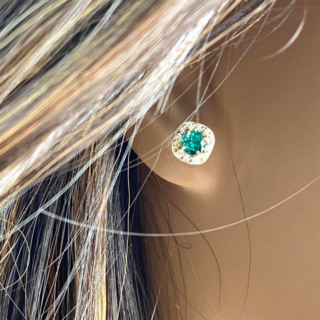 2020s 14k Yellow Gold Round Emerald and Diamond Micro-Pavé Ascher-Style Stud Earrings - 2 Pieces For Sale - Image 5 of 8