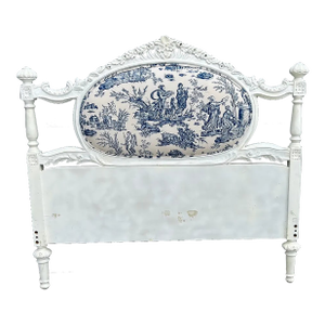 Antique Country French Carved Queen Headboard Blue White Toile Upholstery