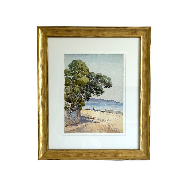 This original mediterranean coastal watercolor on paper is newly framed floated on a double matte and framed in a gilt...