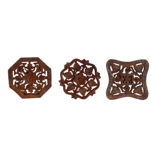 1960s Carved Wood Trivets or Wall Decor Plates - Set of 3 For Sale