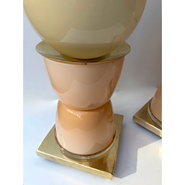 Contemporary Brass and Pink Powder Murano Glass Cup Lamps - Pair For Sale - Image 4 of 12