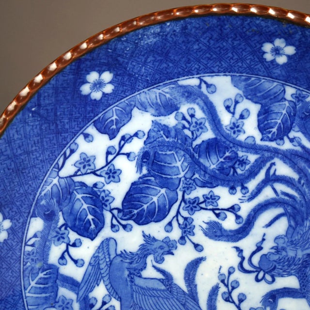 Antique Imari Meiji Blue & White Porcelain Charger with Birds Circa 1910 For Sale - Image 4 of 12